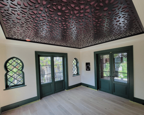 Decorative metal ceiling created with Freedom Fabricators waterjet cutting
